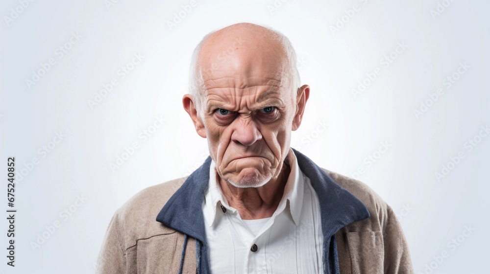 Portrait of a white old male with angry expression against white background with space for text, AI generated, Background image Portrait of a white old male with angry expression against white background with space for text, AI generated, Background image