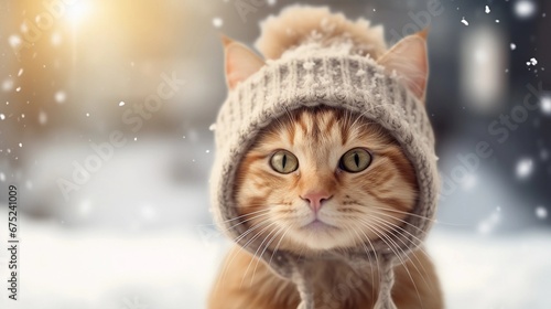 Selfie of a cat wearing hat against winter snowfall ambience background with space for text, AI generated, Background image