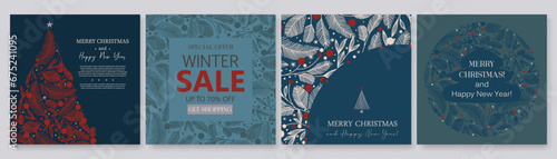 Christmas Cards Set with Tree Branches for Winter Holiday and Sale Design. Merry Christmas and Happy New Year Vector Illustration. Xmas Background Design. 