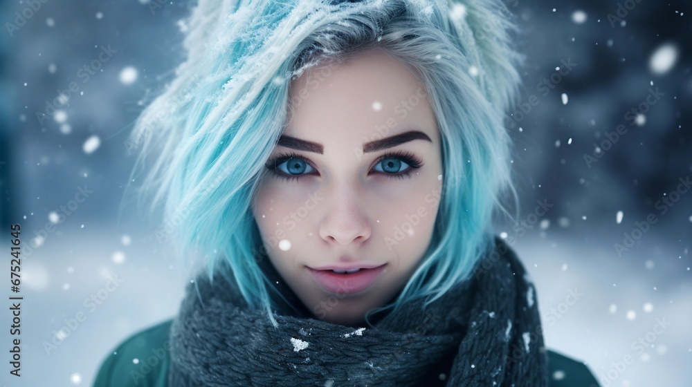 Selfie of a white female with blue hair against winter ambience background with space for text, AI generated, Background image