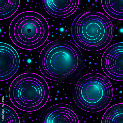 Printable Seamless Pattern with Luminous Neon Circles, Futuristic Overlay Design for Fabric and Digital Media, Top View Radiant Array 