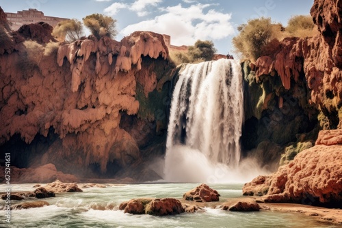 Waterfall in the desert of Bardenas Reales, Navarra, Ouzoud waterfalls, Grand Atlas in Morocco, AI Generated