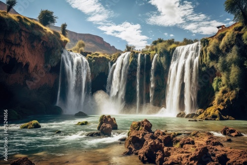 Famous Seljalandsfoss waterfall in South of Iceland, Ouzoud waterfalls, Grand Atlas in Morocco, AI Generated