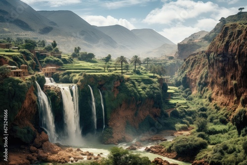 Waterfall in the mountains of Morocco  Africa. Panoramic view  Ouzoud waterfalls  Grand Atlas in Morocco  AI Generated