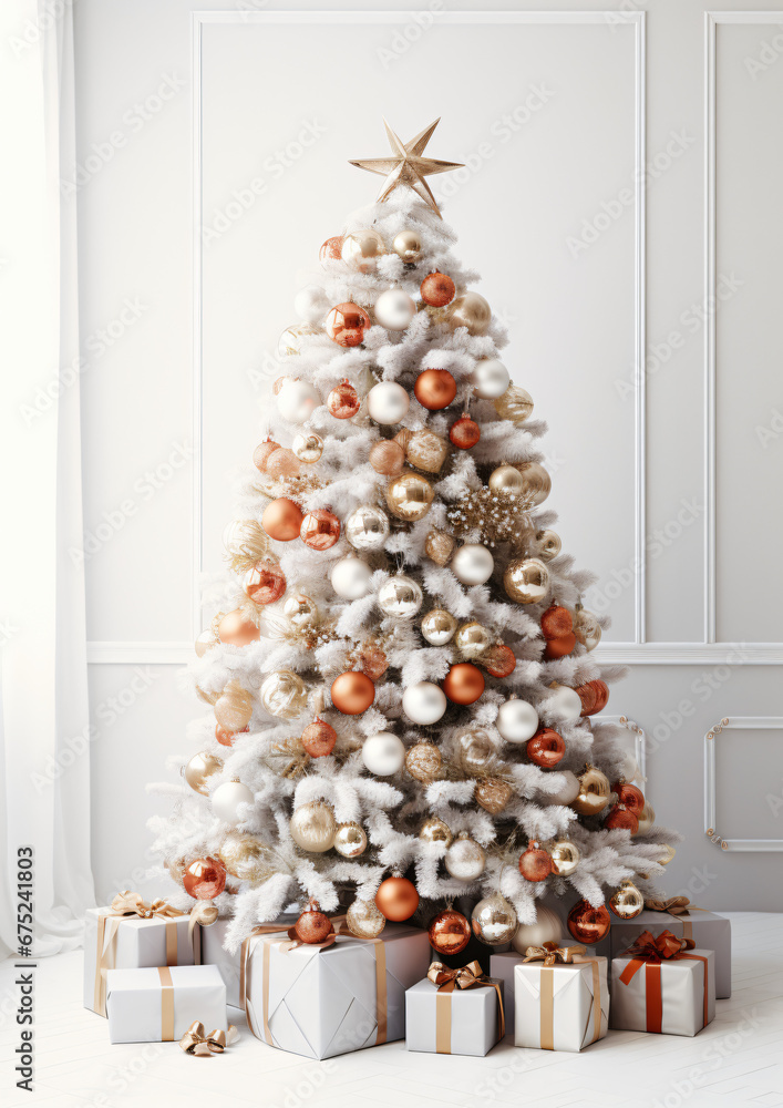 Decorated very beautiful Christmas tree white background