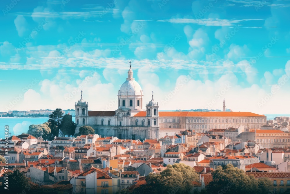 Panoramic view of Lisbon, Portugal, Europe. Mixed media, panorama of the mountains, AI Generated