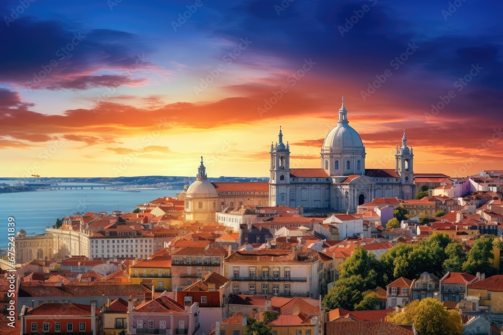 Obraz na płótnie Panoramic view of Lisbon at sunset. Portugal. Europe, panorama of the mountains, AI Generated w salonie