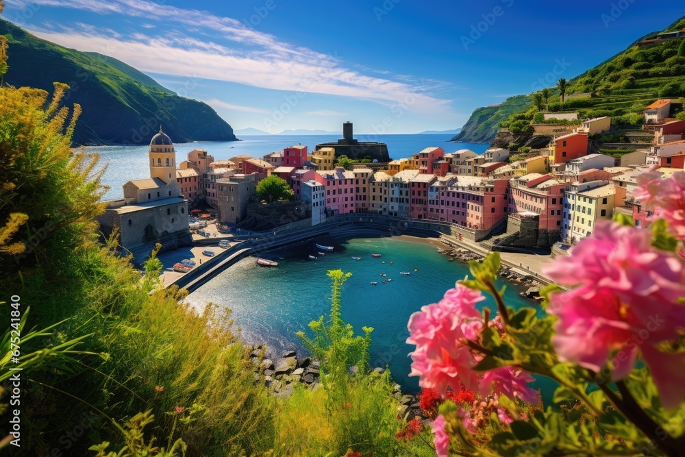 Panoramic view of Vernazza in Cinque Terre, Italy, Panorama of Vernazza and suspended garden, Cinque Terre National Park, Liguria, Italy, Europe, AI Generated