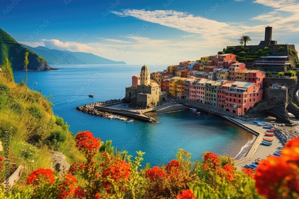 View of Vernazza village in Cinque Terre, Italy, Panorama of Vernazza and suspended garden, Cinque Terre National Park, Liguria, Italy, Europe, AI Generated