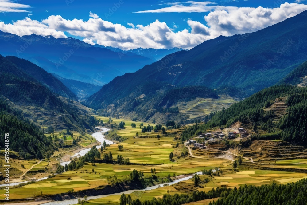 View of the rice terraces of Sichuan Province, China, Panorama top view of Paro valley landscape, Bhutan, AI Generated