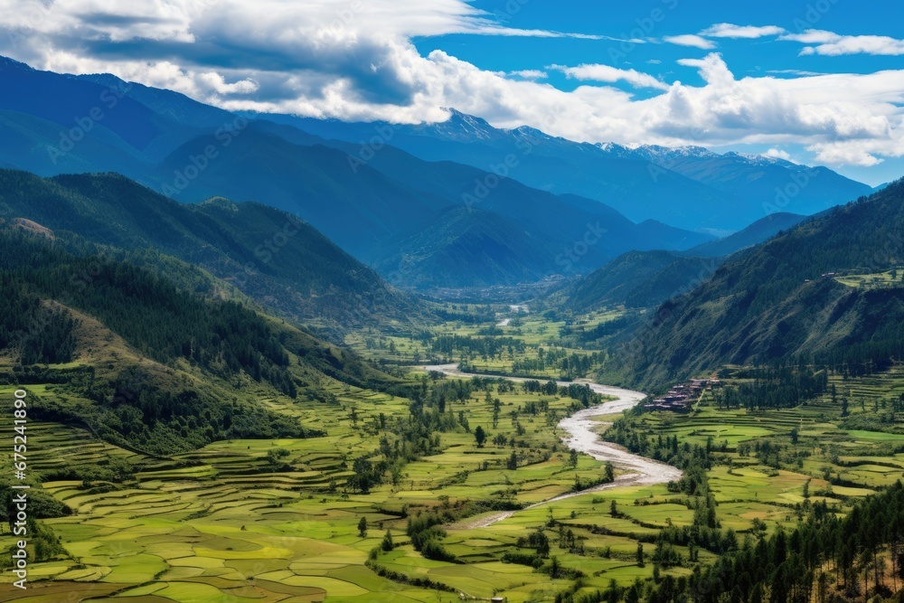 Panoramic view of the valley and river in the Himalayas, Panorama top view of Paro valley landscape, Bhutan, AI Generated