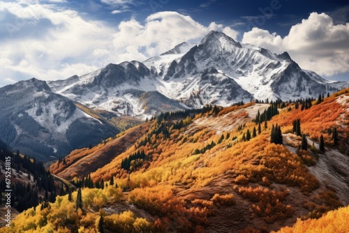 Colorful autumn alpine scenery with snowcapped peaks and coniferous forest, Panorama mountain autumn landscape, AI Generated