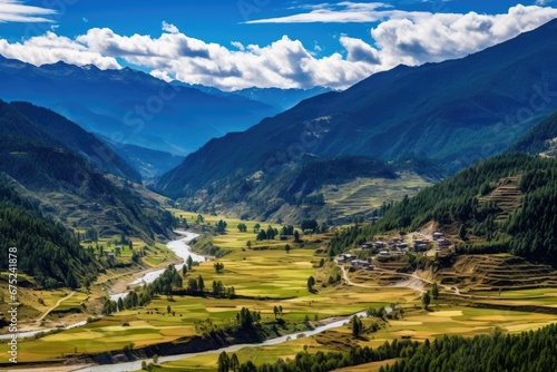View of the rice terraces of Sichuan Province, China, Panorama top view of Paro valley landscape, Bhutan, AI Generated