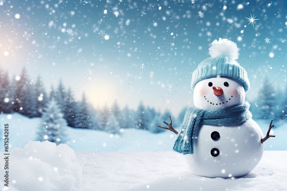 Snowman in winter forest. Christmas and New Year holidays background, Panoramic view of happy snowman in winter secenery with copy space, AI Generated Snowman in winter forest. Christmas and New Year holidays background, Panoramic view of happy snowman in winter secenery with copy space, AI Generated