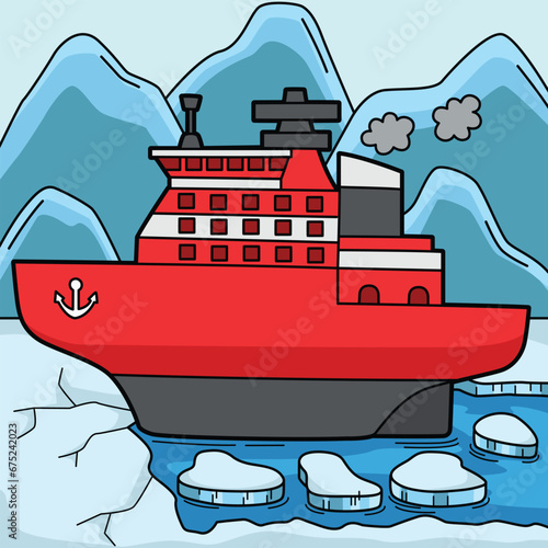 Icebreaker Ship Colored Cartoon Illustration