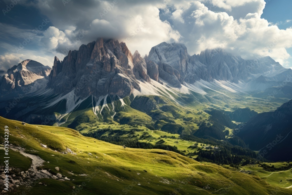 Fantastic panoramic view of Dolomites mountains. Dramatic overcast sky. Italy, Europe. Beauty world, Panoramic view of the Dolomites. Italy, Europe, AI Generated