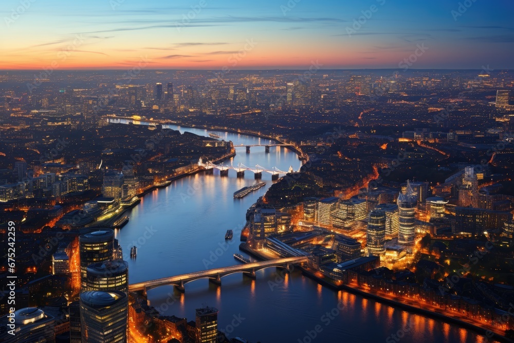 Panorama of London at sunset, United Kingdom. View from the Shard, Panoramic view on London and Thames at twilight, from Tower Brid, AI Generated