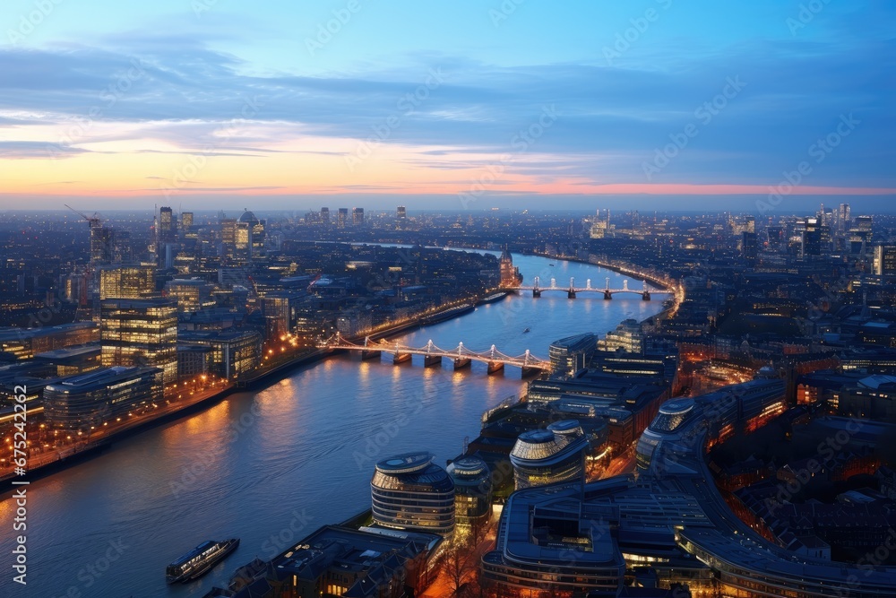 Fototapeta premium Aerial view of London at sunset, United Kingdom. Cityscape, Panoramic view on London and Thames at twilight, from Tower Brid, AI Generated