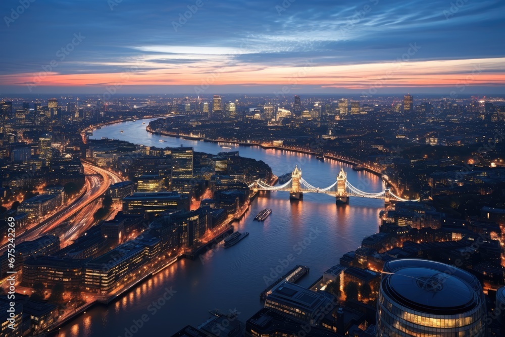 Aerial view of London at sunset, England, United Kingdom, Panoramic view on London and Thames at twilight, from Tower Brid, AI Generated