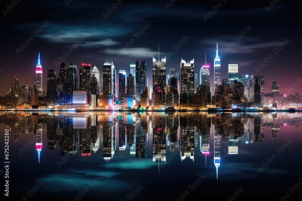 Fototapeta premium night scene of shanghai skyline with reflection in Huangpu river, Panoramic view on Manhattan at night, New York, USA, AI Generated