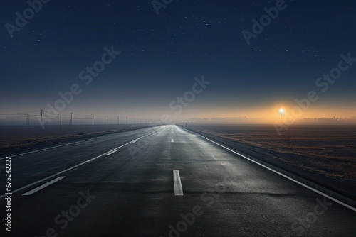Empty asphalt road at night with stars and moon in the sky  Panoramic view of the empty highway through the fields in a fog at night. Moonlight  clear sky. Sunrise. Europe  AI Generated
