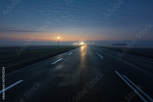 Empty asphalt road through the foggy fields at sunrise. View from above, Panoramic view of the empty highway through the fields in a fog at night. Moonlight, clear sky. Sunrise, AI Generated