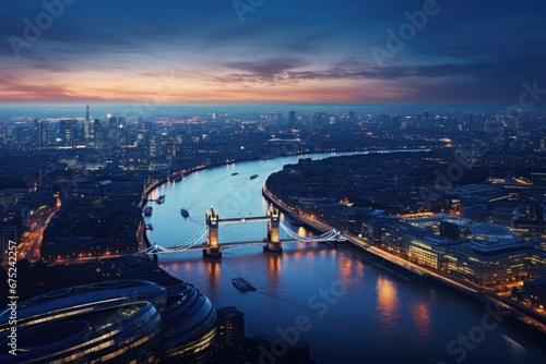 London skyline with Tower Bridge at dusk, England, United Kingdom, Panoramic view on London and Thames at twilight, from Tower Brid, AI Generated