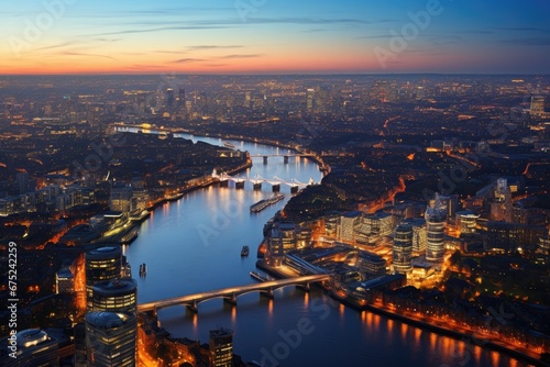 Panorama of London at sunset  United Kingdom. View from the Shard  Panoramic view on London and Thames at twilight  from Tower Brid  AI Generated