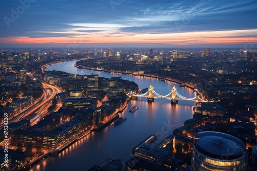 Aerial view of London at sunset, England, United Kingdom, Panoramic view on London and Thames at twilight, from Tower Brid, AI Generated photo