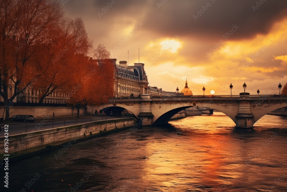 Beautiful view of Seine river at sunset, Paris, France, Paris France with River Seine - amazing travel photography, AI Generated