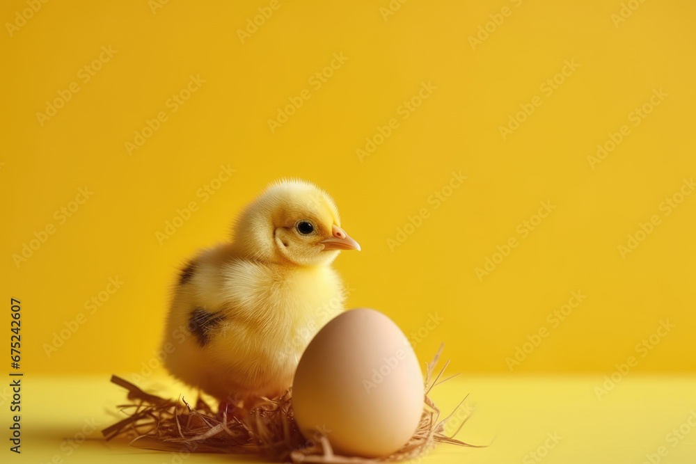 Small yellow chicken in a shell on a yellow background. postcard with copy space, Easter concept