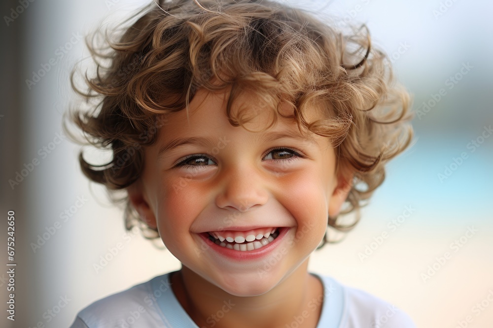 Portrait of a cute little boy with curly hair smiling at camera, perfect kids smile, happy boy with beautiful white milk toothy smile, AI Generated Portrait of a cute little boy with curly hair smiling at camera, perfect kids smile, happy boy with beautiful white milk toothy smile, AI Generated