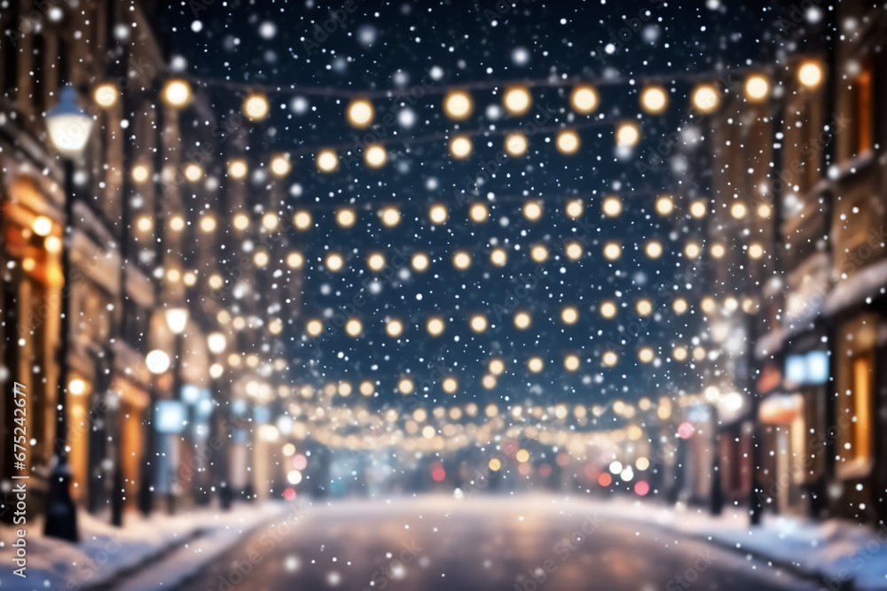 Snowing city at night during celebration new year and christmas light bokeh
