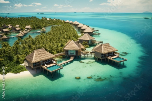 Tropical island with water bungalows at Maldives, Perfect aerial landscape, luxury tropical resort or hotel with water villas and beautiful beach scenery, AI Generated