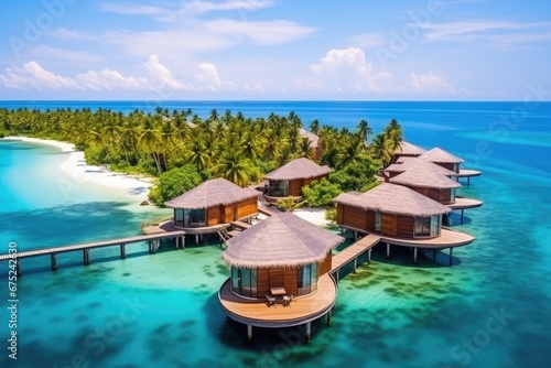 Beautiful tropical Maldives resort hotel and island with beach and sea, Perfect aerial landscape, luxury tropical resort or hotel with water villas and beautiful beach scenery, AI Generated © Iftikhar alam