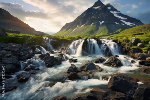 Mountain landscape with waterfalls in Iceland, Europe. Beautiful nature background, Perfect view of famous powerful Gljufrabui cascade in sunlight. Dramatic and gorgeous scene, AI Generated
