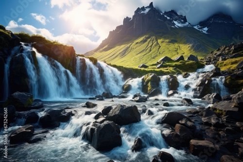 Beautiful summer landscape with mountain waterfall. Iceland, Europe. Beauty world, Perfect view of famous powerful Gljufrabui cascade in sunlight. Dramatic and gorgeous, AI Generated