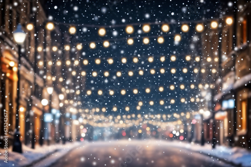 Snowing city at night during celebration new year and christmas light bokeh