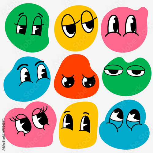 Retro cartoon organic shape funny faces. Groovy vintage 30s 60s 70s minimalis...