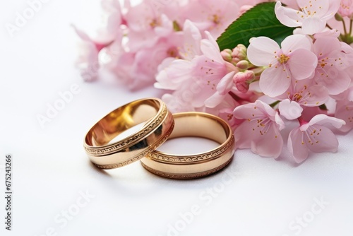 Wedding rings and cherry blossoms on a white background, Pink flowers and two golden wedding rings on white background, AI Generated