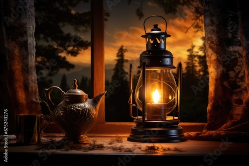 Lantern with burning candle on the window sill in the forest at sunset, Picture a captivating scene with a hurricane lamp, AI Generated