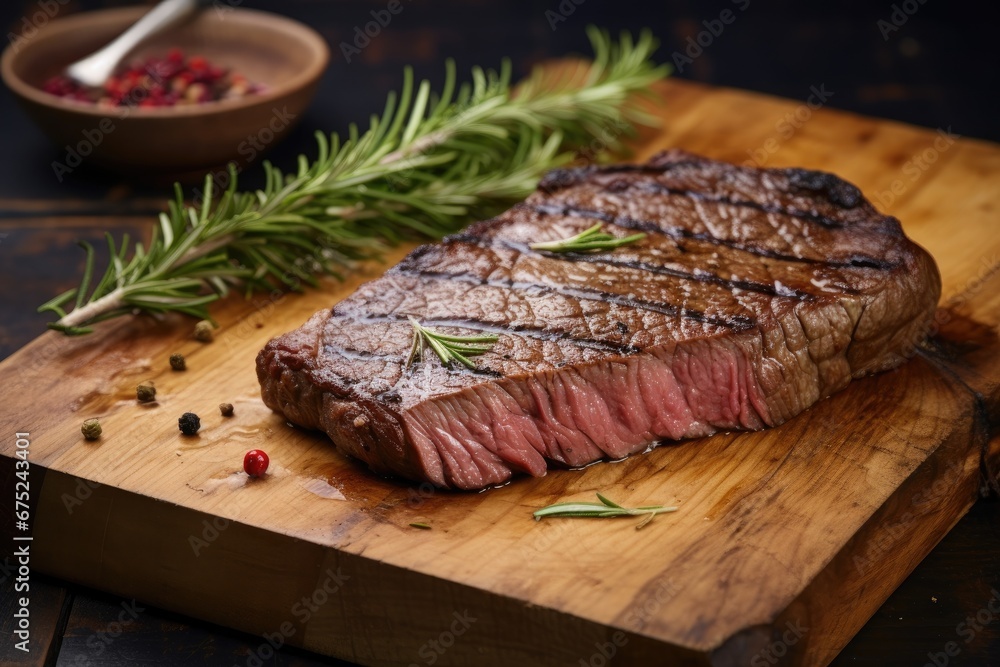 Grilled beef steak with rosemary and spices on wooden cutting board, Piece of rump steak on cutting board, close up, AI Generated