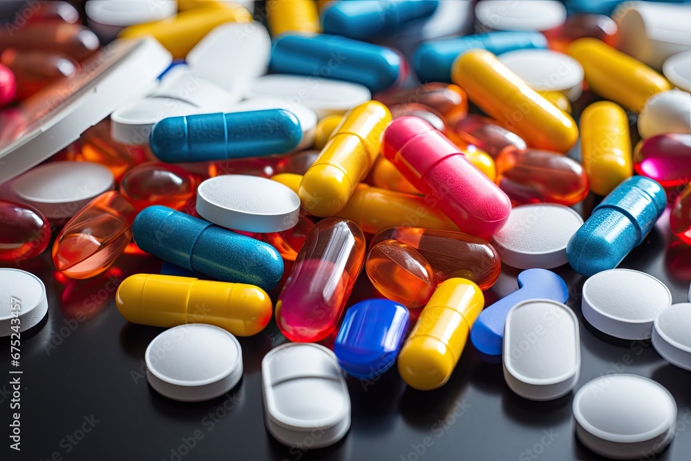 Heap of colorful pills and capsules on white background, top view, Pile of colorful medicine pills and capsules in blister packs, AI Generated Heap of colorful pills and capsules on white background, top view, Pile of colorful medicine pills and capsules in blister packs, AI Generated