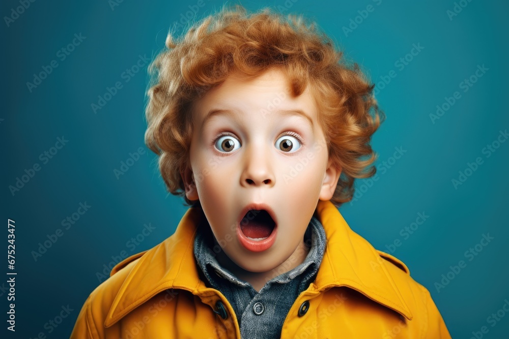 surprised curly-haired girl on solid bright background surprised curly-haired girl on solid bright background