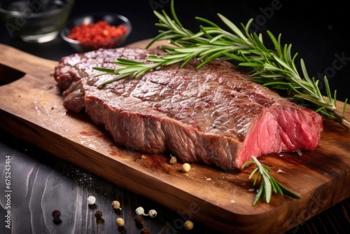 Grilled beef steak with rosemary and spices on wooden cutting board, Piece of rump steak on cutting board, close up, AI Generated