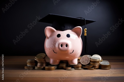 Piggy bank with graduation cap and coins on wooden table, Piggy Bank with Black Graduation Hat with coins, AI Generated
