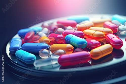Colorful pills on a black background. 3d illustration. Toned, Pile of colorful medicine pills and capsules in blister packs, AI Generated photo