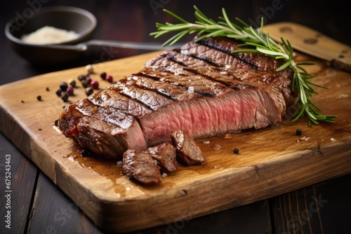 Grilled beef steak on cutting board with rosemary and spices on wooden background, Piece of rump steak on cutting board, close up, AI Generated