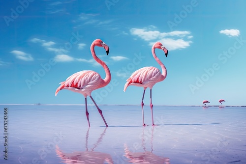 Two flamingos standing in the water at Salar de Uyuni, Bolivia, Group birds of pink african flamingos walking around the blue lagoon on a sunny day, AI Generated
