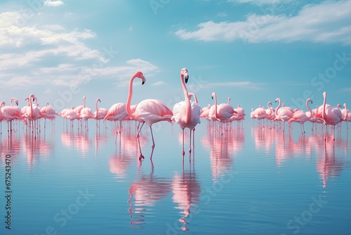 Flamingos in the lake at sunset. Pink flamingos on blue sky background, Group birds of pink african flamingos walking around the blue lagoon on a sunny day, AI Generated